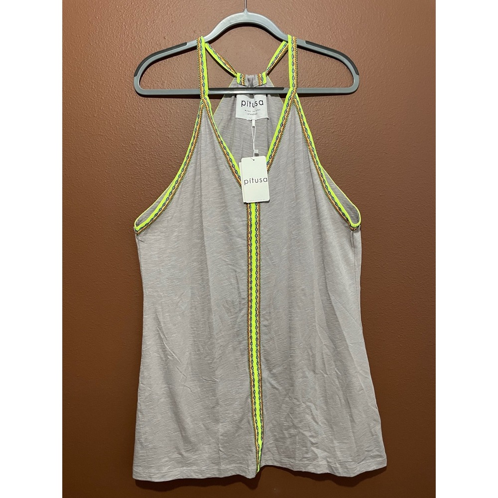 Pitusa Pima Mini Sundress Grey Neon Embroidered Trim Halter Dress Standard NWT